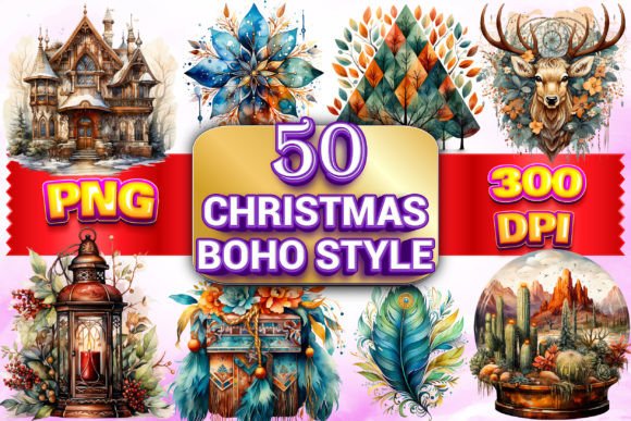Christmas Boho Clipart: Festive Illustrations