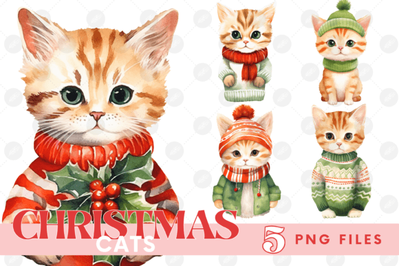 Christmas Cat Clipart Bundle Kitten Illustrations