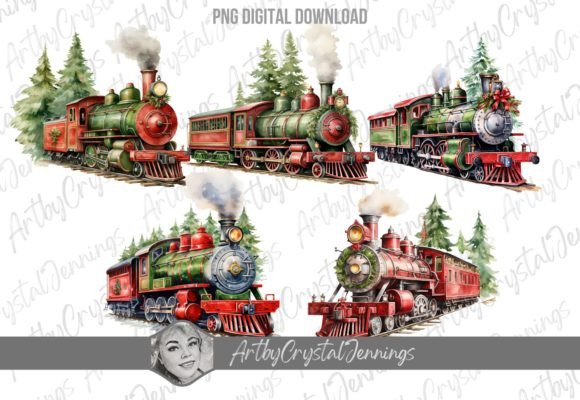 Christmas Train Watercolor Winter Illustrations