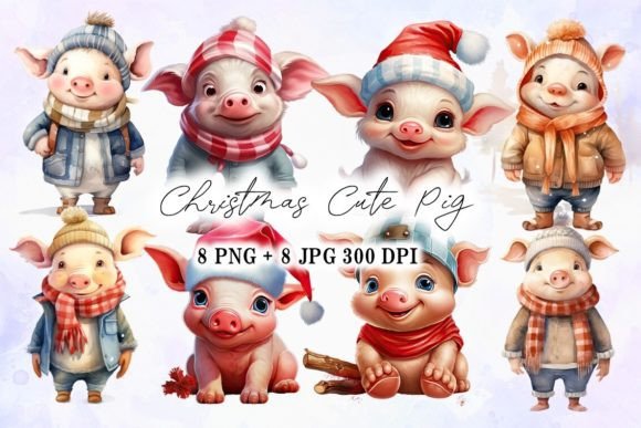 Cute Christmas Pig Character Set Illustrations