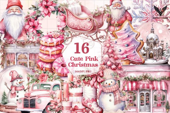 Cute Pink Christmas Sublimation Clipart: Branding & Illustrations