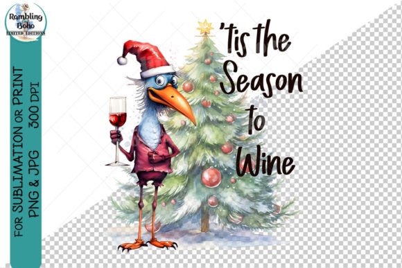 Funny Christmas Bird Santa Hat Wine Pun Illustrations
