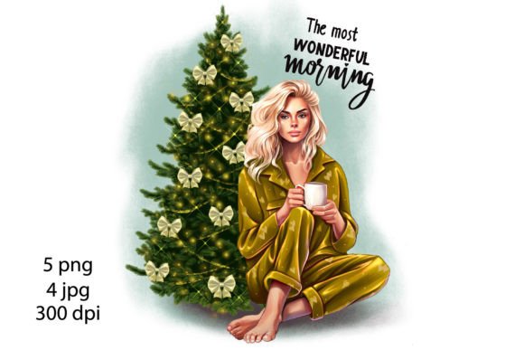 Girl with Coffee at the Christmas Tree Illustrations