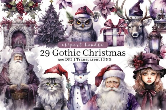 Gothic Christmas Watercolor Clipart & Illustrations