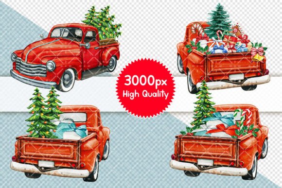 Hand Drawn Watercolor Christmas Truck Illustrations