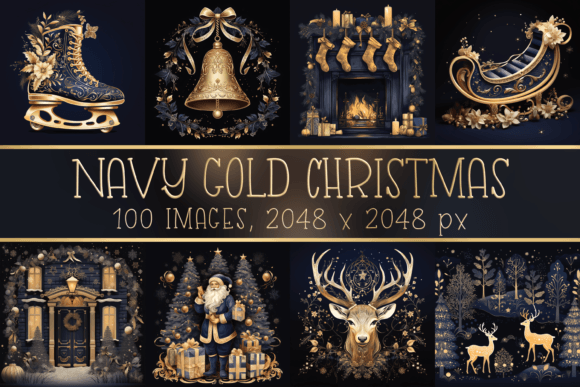 Navy Blue Gold Christmas Winter Illustrations Review