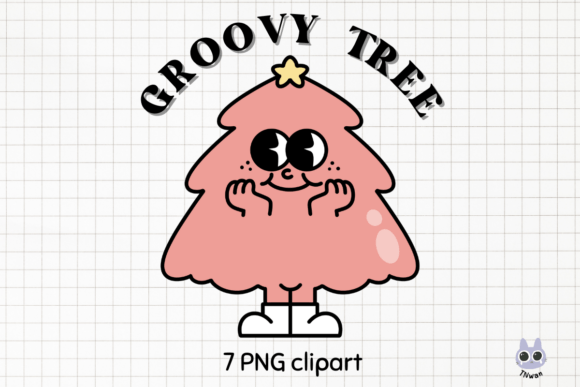 Pink Christmas Tree Groovy Retro Clipart for Illustrations