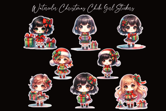Watercolor Christmas Chibi Girl Stickers: Illustrations