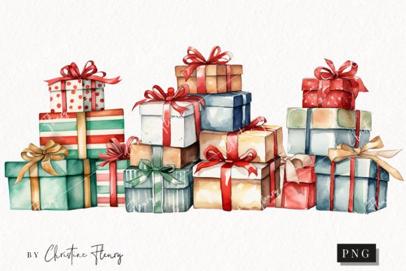 Watercolor Christmas Gifts Clipart & Illustrations