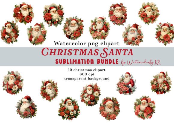 Watercolor Christmas Santa Floral Bundle: Illustrations