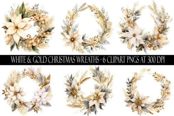White and Gold Christmas Wreath Clipart for Illustrations